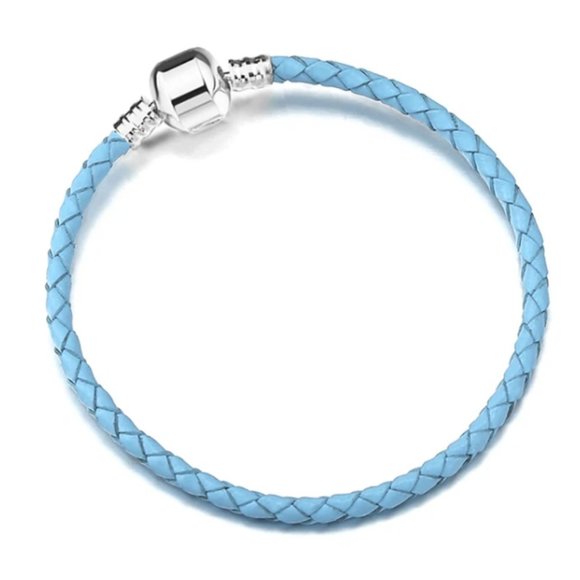 Light Blue Leather Bracelet with Sterling Silver Barrel Clasp - BRAND NEW - Picture 1 of 7
